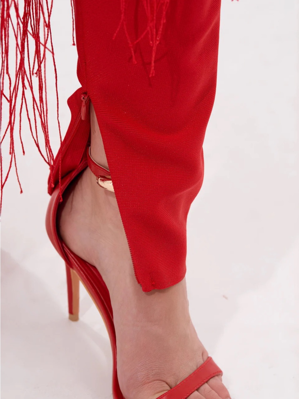 AKIRA Red Fringe Jumpsuit with Deep V Neck - Picture 3 of 6